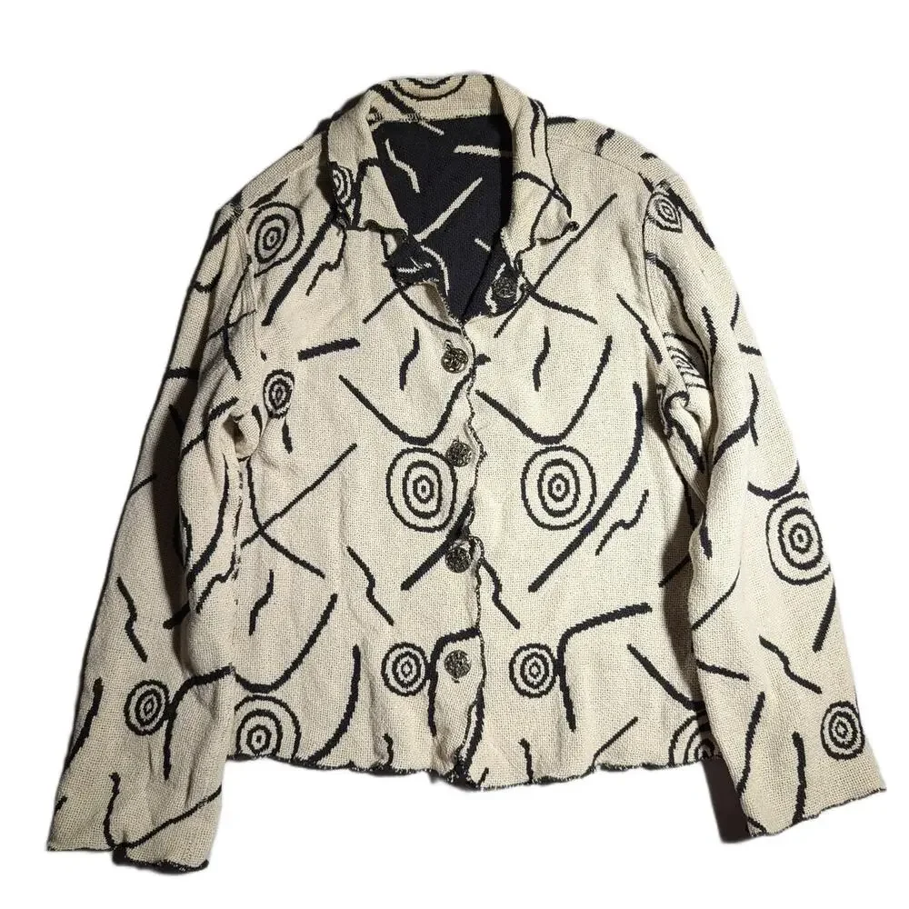 Vtg Y2K Winding River Ivory Black Swirl Geometric Collared Blanket Jacket Sz S